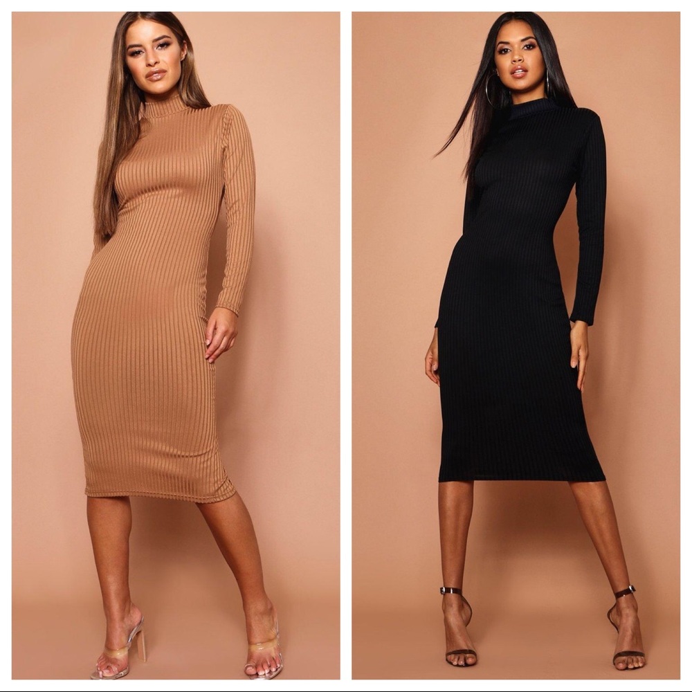 Boohoo Ribbed Midi Dress in Camel and Black